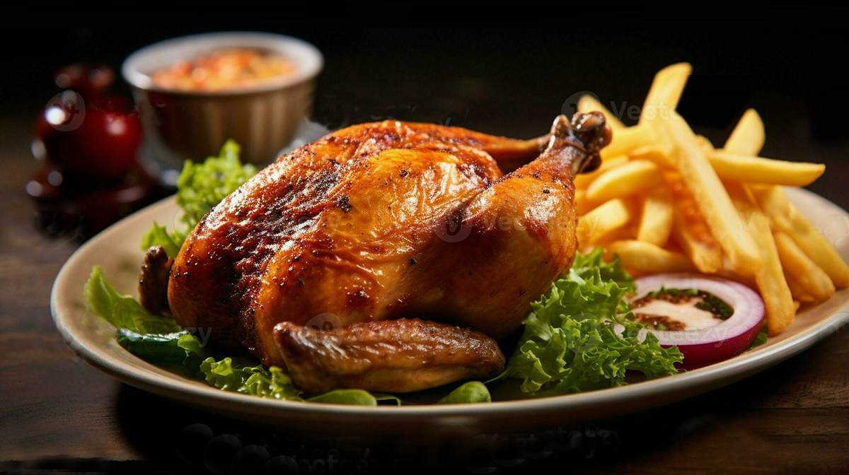 roasted half chicken with crispy golden brown skin served with fresh salad and french fries photo