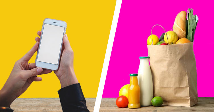 online shopping header phone bag of groceries