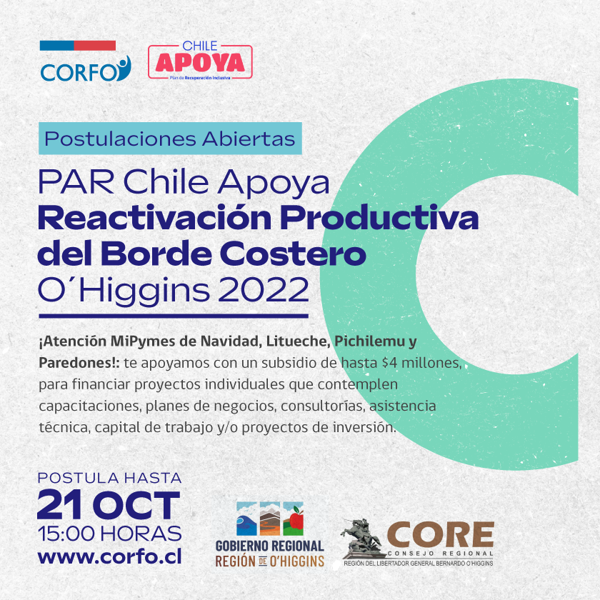 CORFO Y GOBIERNO REGIONAL ABREN CONVOCATORIA PARA APOYAR LA REACTIVACIÓN DE PYMES DEL BORDE COSTERO DE OHIGGINS. AFICHE APERTURA PAR