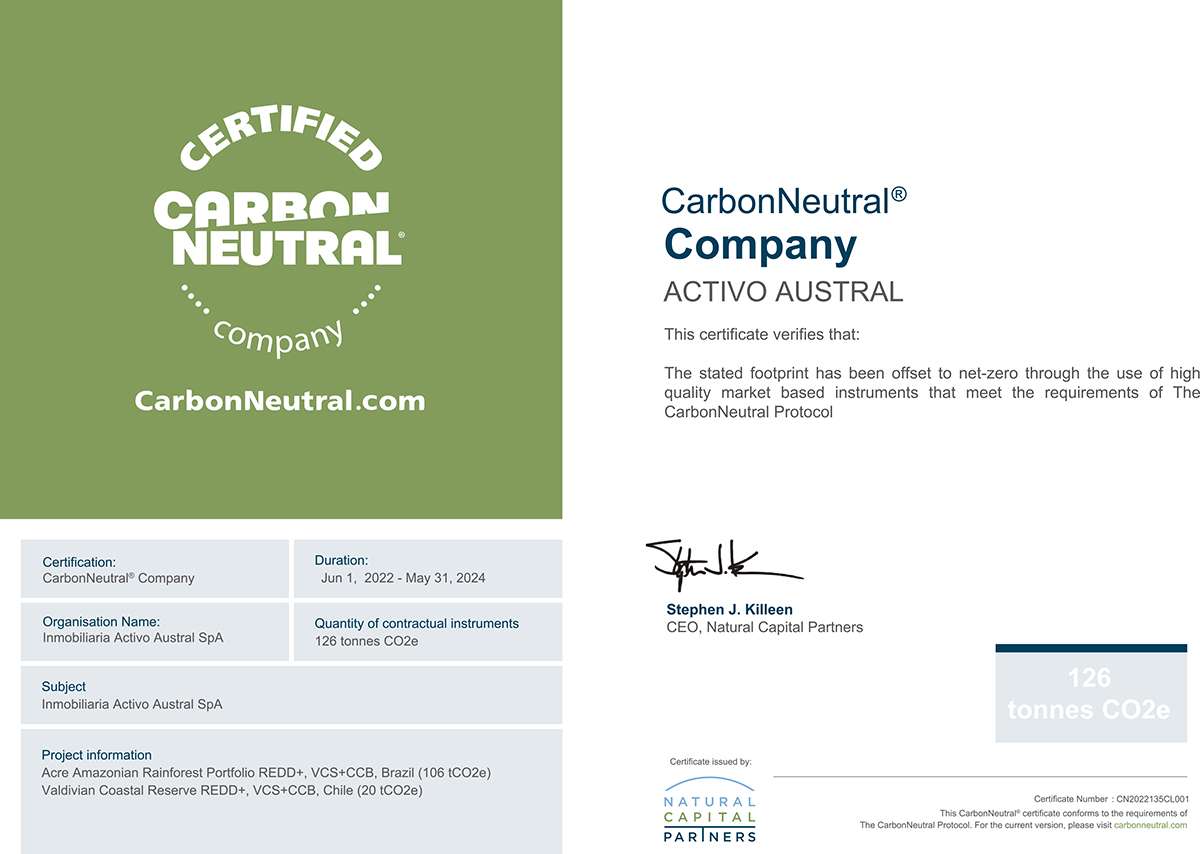 PRIMERA INMOBILIARIA CHILENA CARBONNEUTRAL COMPANY LIDERA POSICIÓN CON BONOS DE CARBONO PARA LA RESERVA COSTERA VALDIVIANA Activo Austral CNC2022135CL001 1