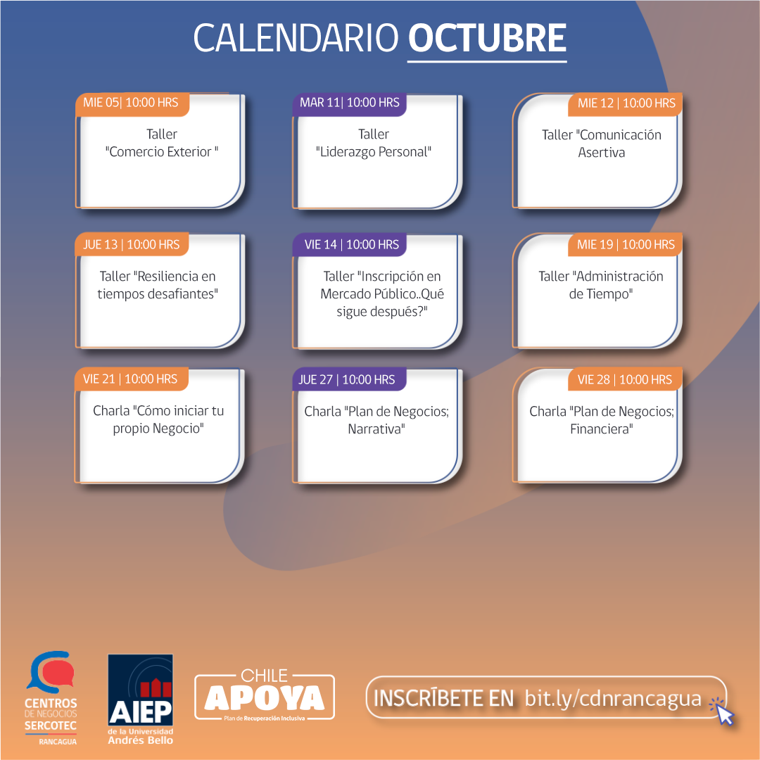 CENTRO DE NEGOCIOS SERCOTEC RANCAGUA CUENTA CON CAPACITACIONES GRATUITAS PARA EL MES OCTUBRE